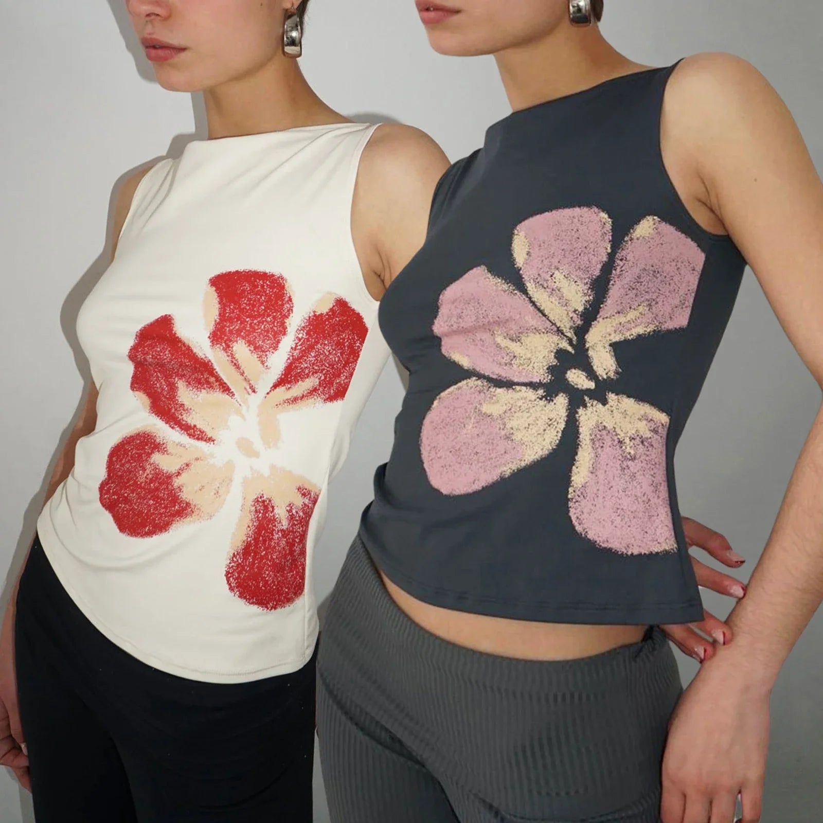 Combhasaki Women's Y2K Vintage Crop Tank Tops Slim Fitted Aesthetic Flower Print Boat Neck Sleeveless Party Club Summer Camis