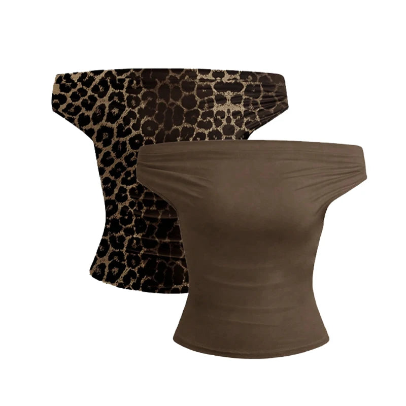 2 Piece Set Pleated Asymmetric Crop Top Woman T-shirts Strapless Top Female Sleeveless Sexy Tops Womens Cloth Fashion Streetwear